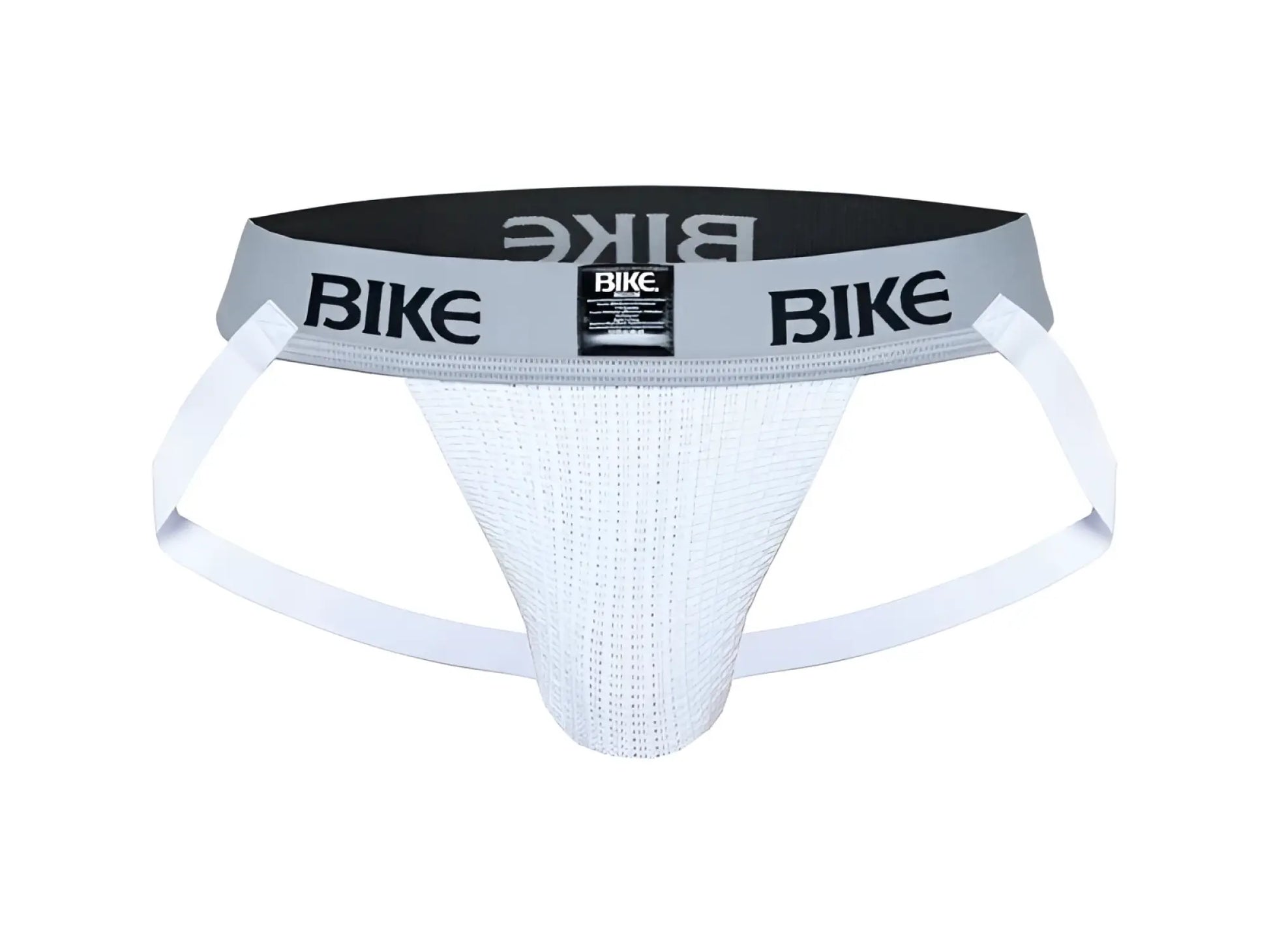White textured bike classic jockstrap with gray waistband black branding and small label front view