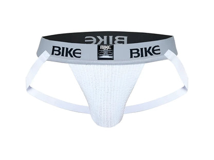 White textured bike classic jockstrap with gray waistband black branding and small label front view