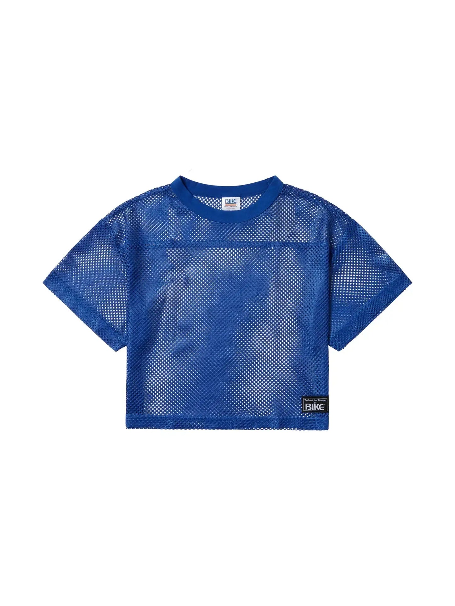 Blue mesh crop top with short sleeves and crew neck featuring black brand labels from BIKE practice jersey collection
