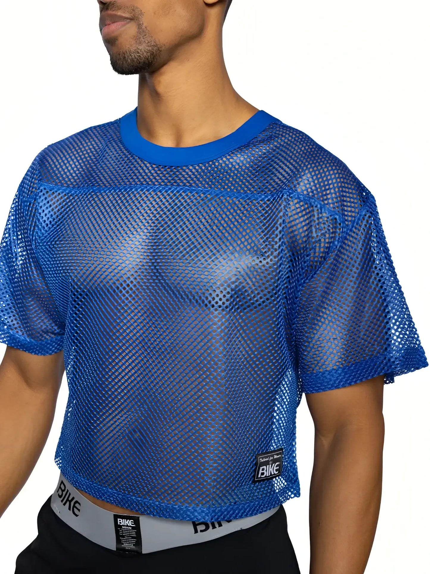 Bike practice jersey blue mesh crop top with solid blue ribbed neckline and sleeve cuffs for athletic wear
