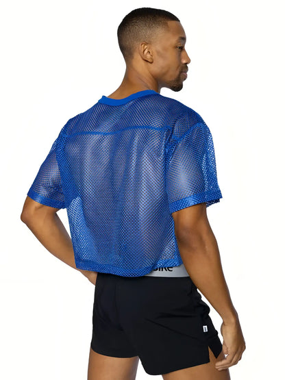 Bike practice jersey blue mesh short-sleeved crop top with solid blue collar and hem visible from the front