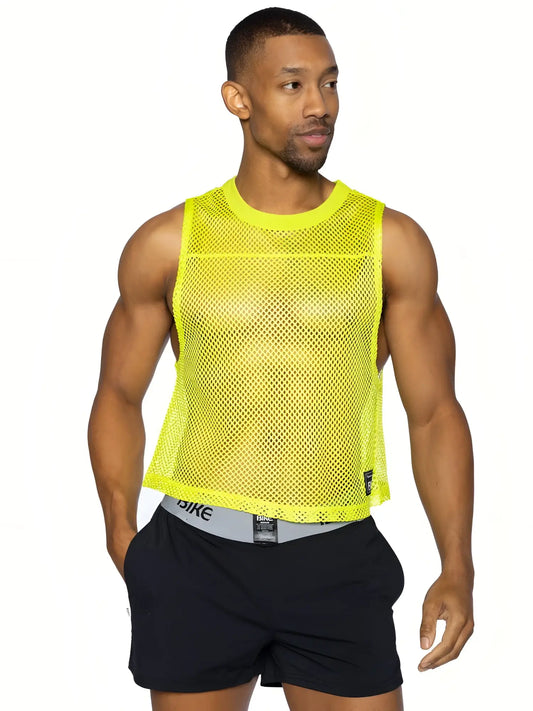 Bright neon yellow bike sleeveless practice jersey mesh tank top with round neckline and subtle perforations