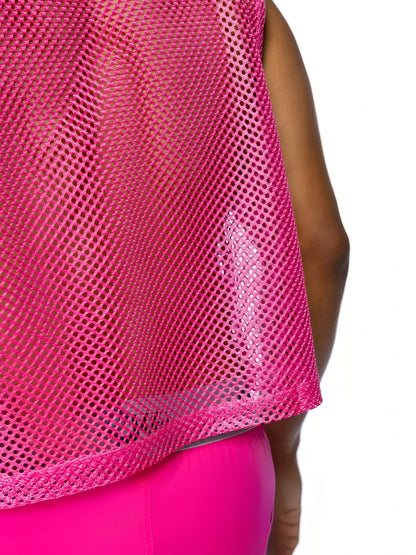 A vibrant pink bike sleeveless practice jersey with breathable mesh fabric and a slightly flared hem