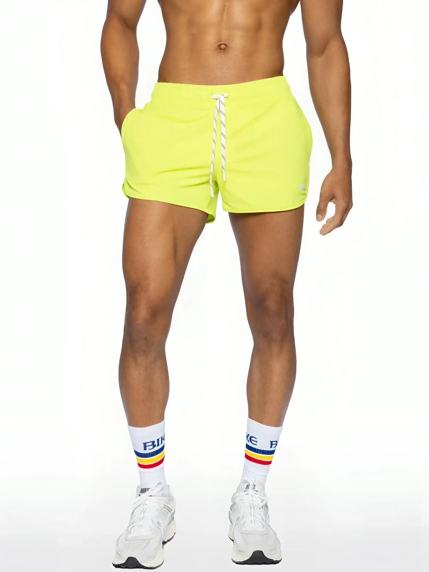 Bike® track short bright neon yellow athletic shorts with white drawstring and elastic waistband for running