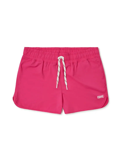 Bright pink bike track short with white drawstring and bike logo on the side for athletic use