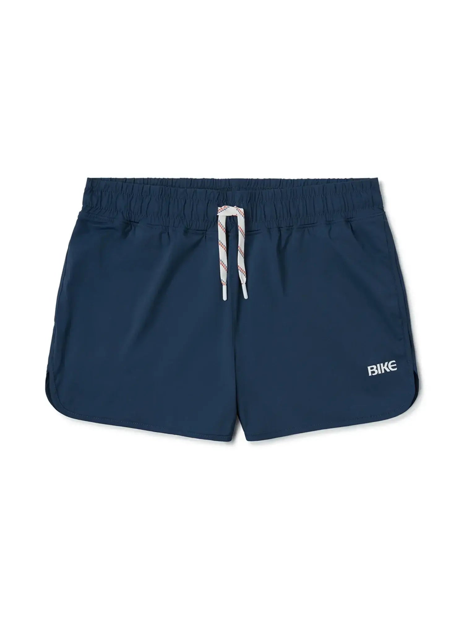 Navy blue BIKE track short with white drawstring and bike logo on side designed for athletic use