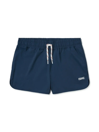 Navy blue BIKE track short with white drawstring and bike logo on side designed for athletic use