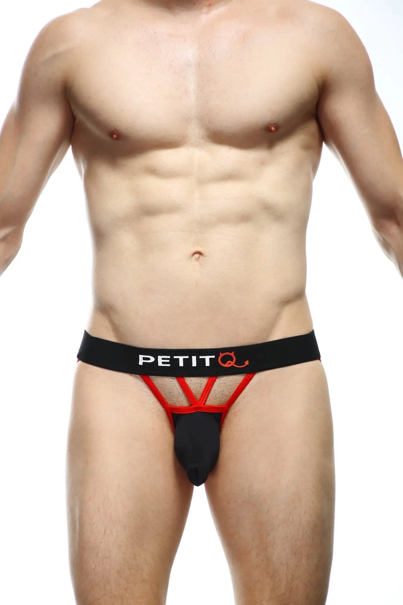 Bikini aissey black petit thong in black and red mesh design showing the back side of the product