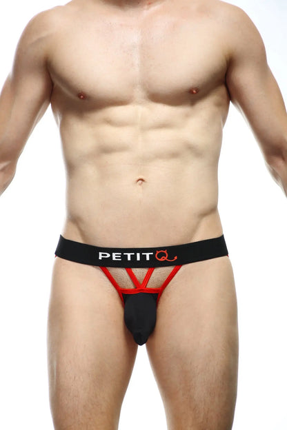 Bikini aissey black petit thong in black and red mesh design showing the back side of the product