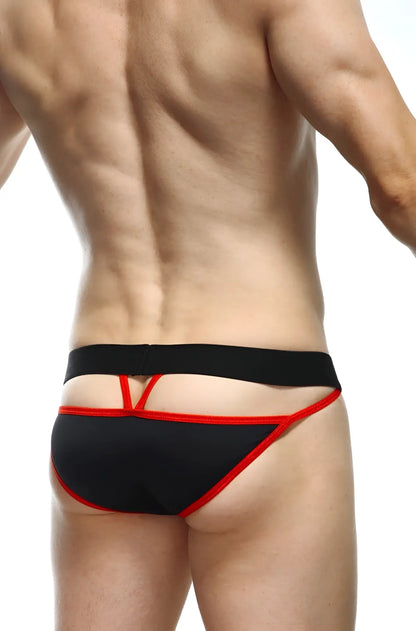 Black and red bikini aissey thong with cutout design showing front side for swimwear and beachwear use