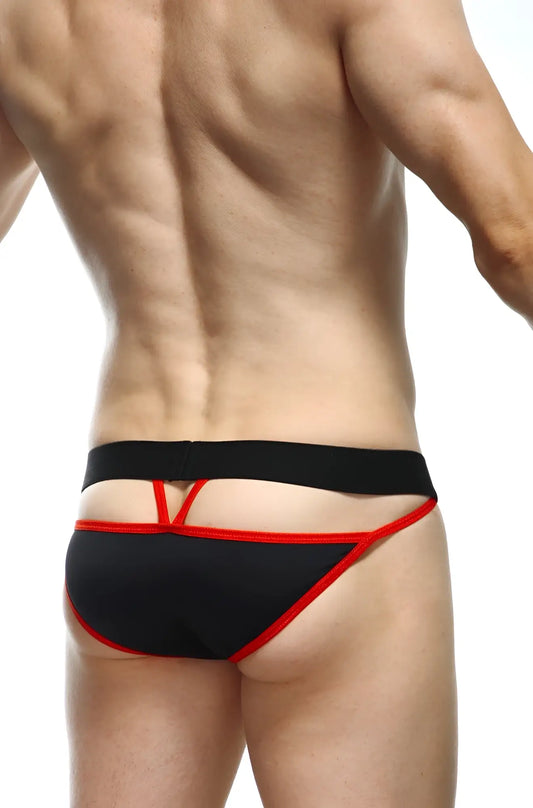 Black and red bikini aissey thong with cutout design showing front side for swimwear and beachwear use