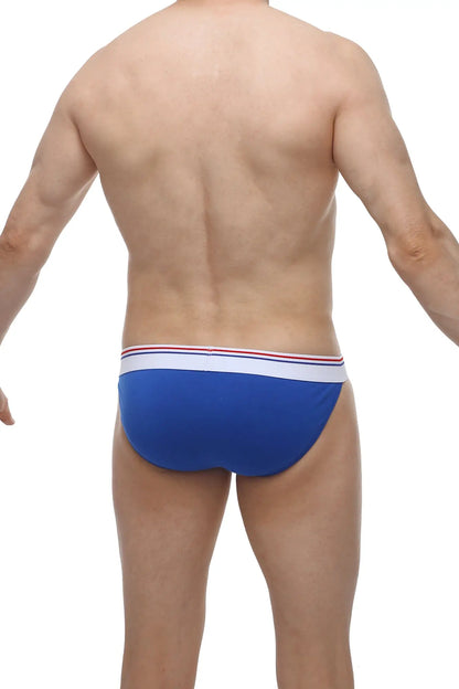 Blue men’s bikini briefs in modal fabric with white waistband and thin red and blue stripes from aizy modal blue collection