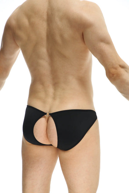 Back view of bikini auxy black form-fitting briefs with a cutout and small metallic clasp in black fabric