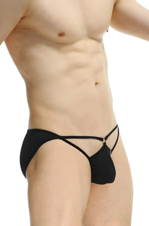 Bikini Auxy black men’s thong with a crisscross design and central metallic clasp in form-fitting fabric