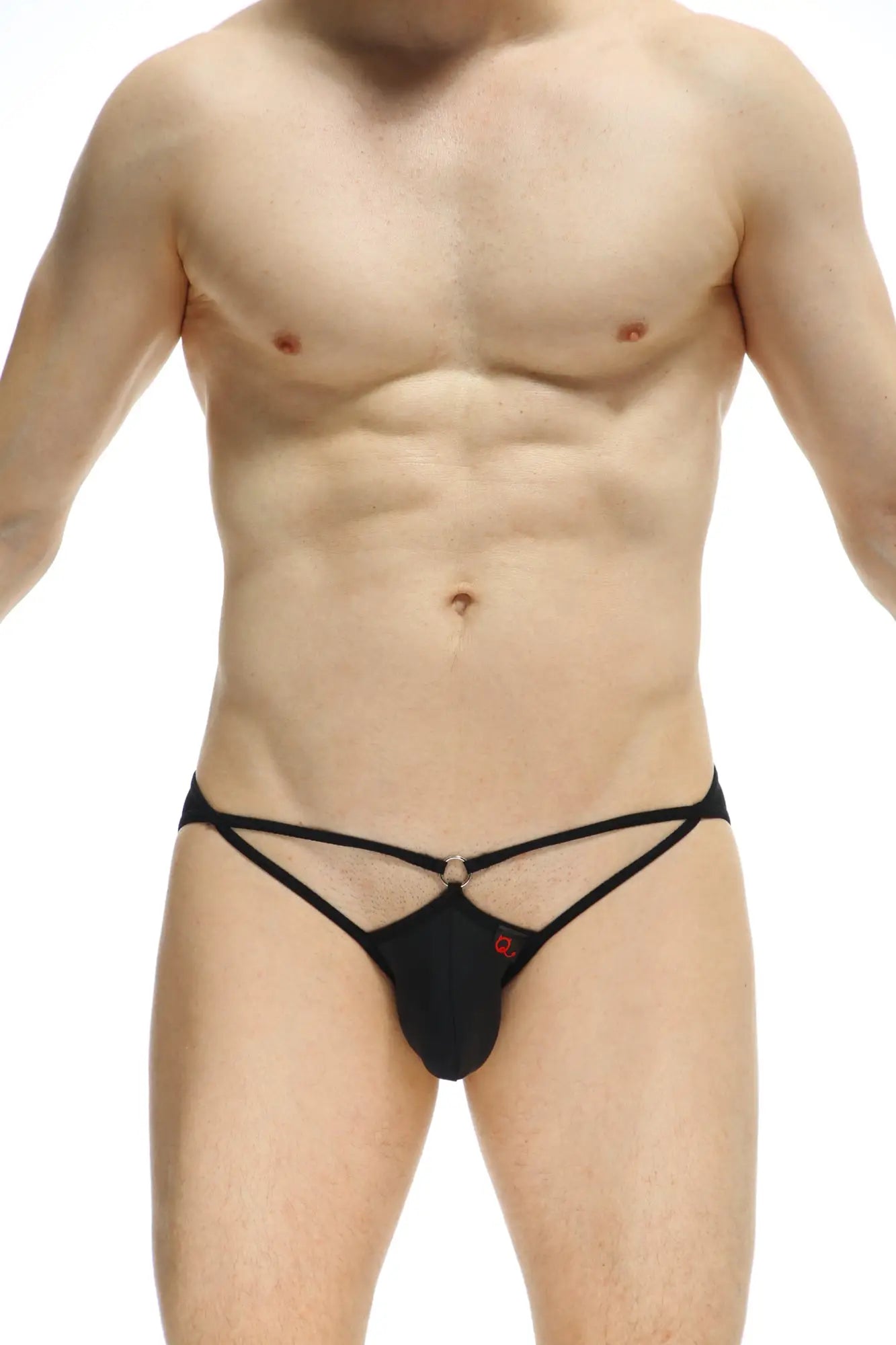 Black sleek form-fitting Bikini Auxy thong with distinctive crisscross design across the hips shown from the back side