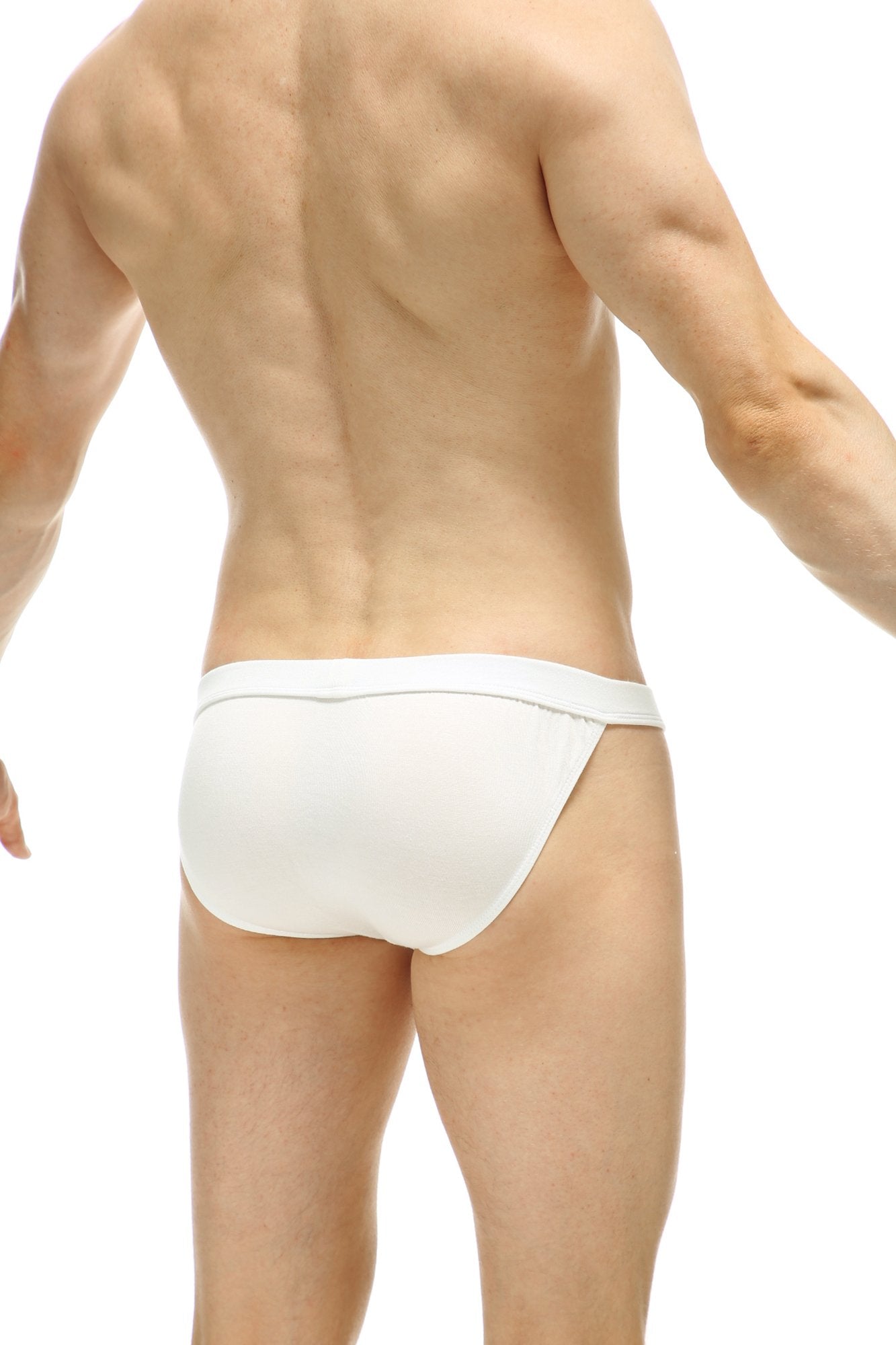 White form-fitting tanga briefs with a smooth seamless design made from organic bamboo in the front view