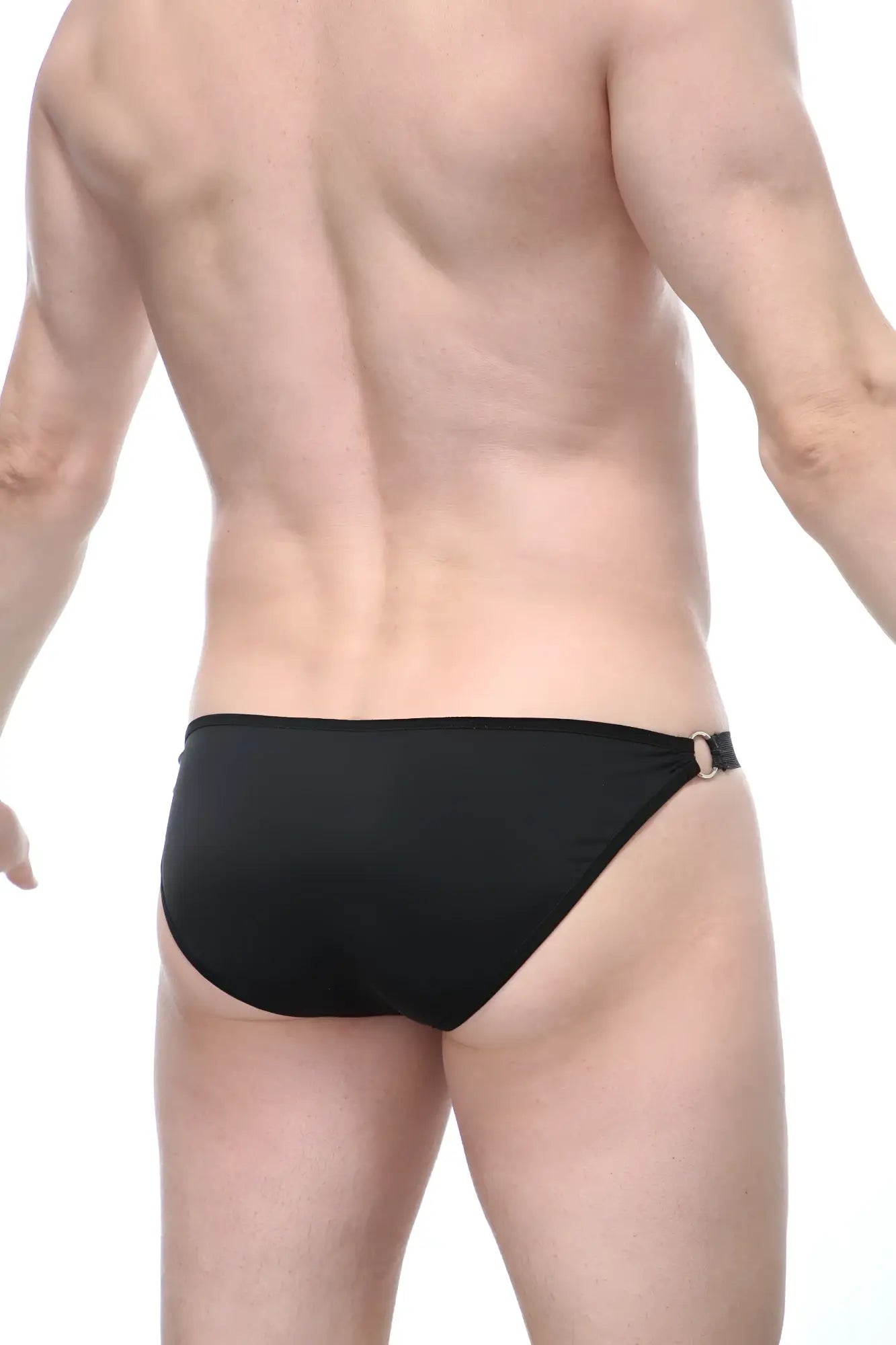 Bikini bayel black swim trunks with sleek form-fitting design and metallic buckle on the side