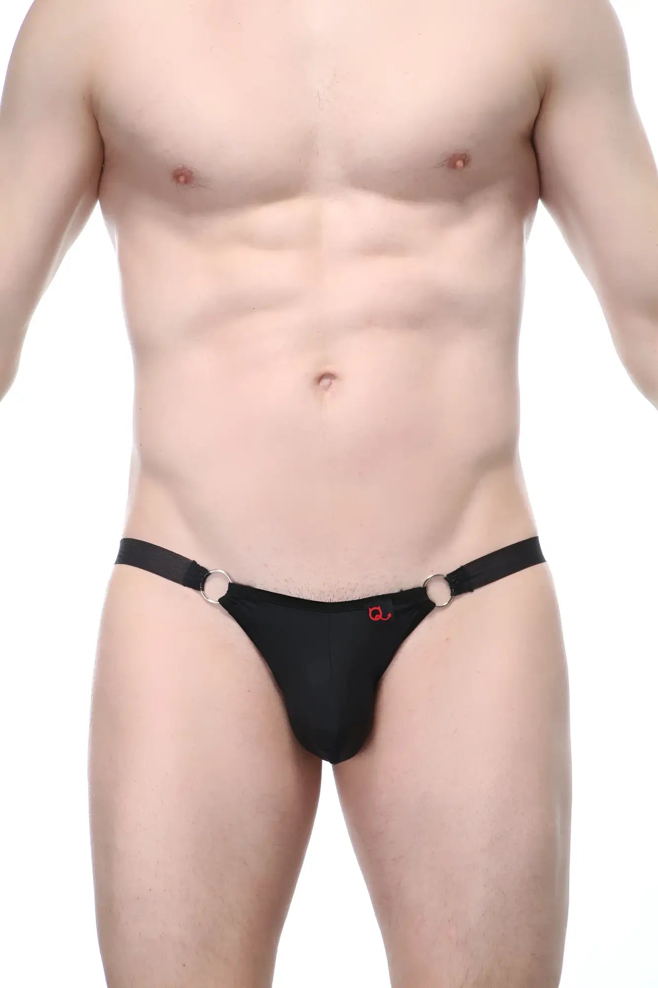 Bikini Bayel black thong with silver-toned metal rings at the sides and a small red logo on the front