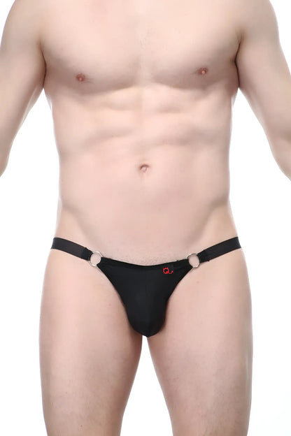 Bikini Bayel black thong with silver-toned metal rings at the sides and a small red logo on the front