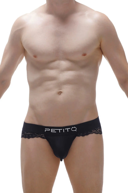 Black lace-trimmed bikini blécourt petitq briefs with a sleek, form-fitting design in black color
