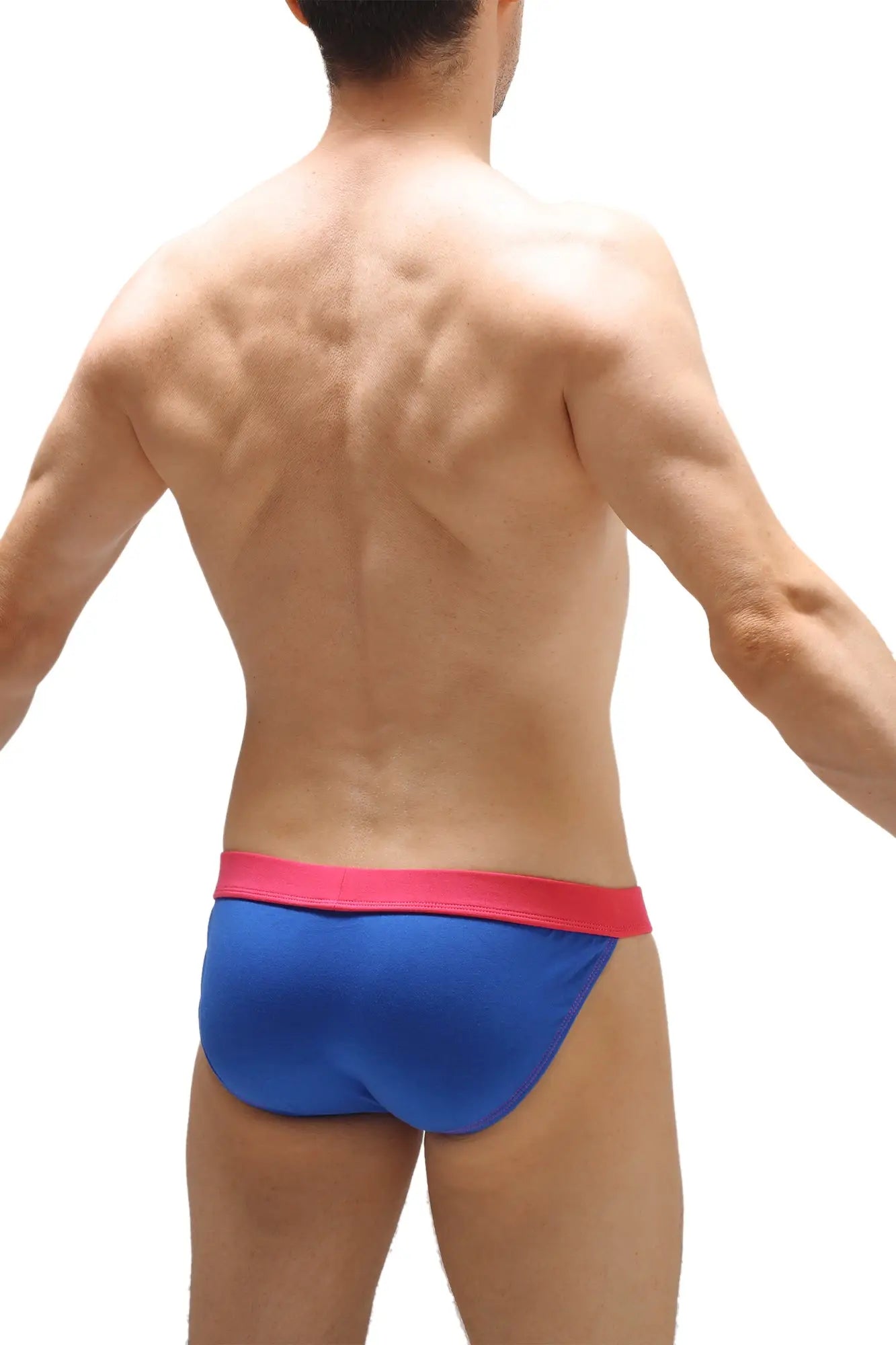 Bikini blue swim trunks with a bright pink waistband featuring a padded design for comfortable wear