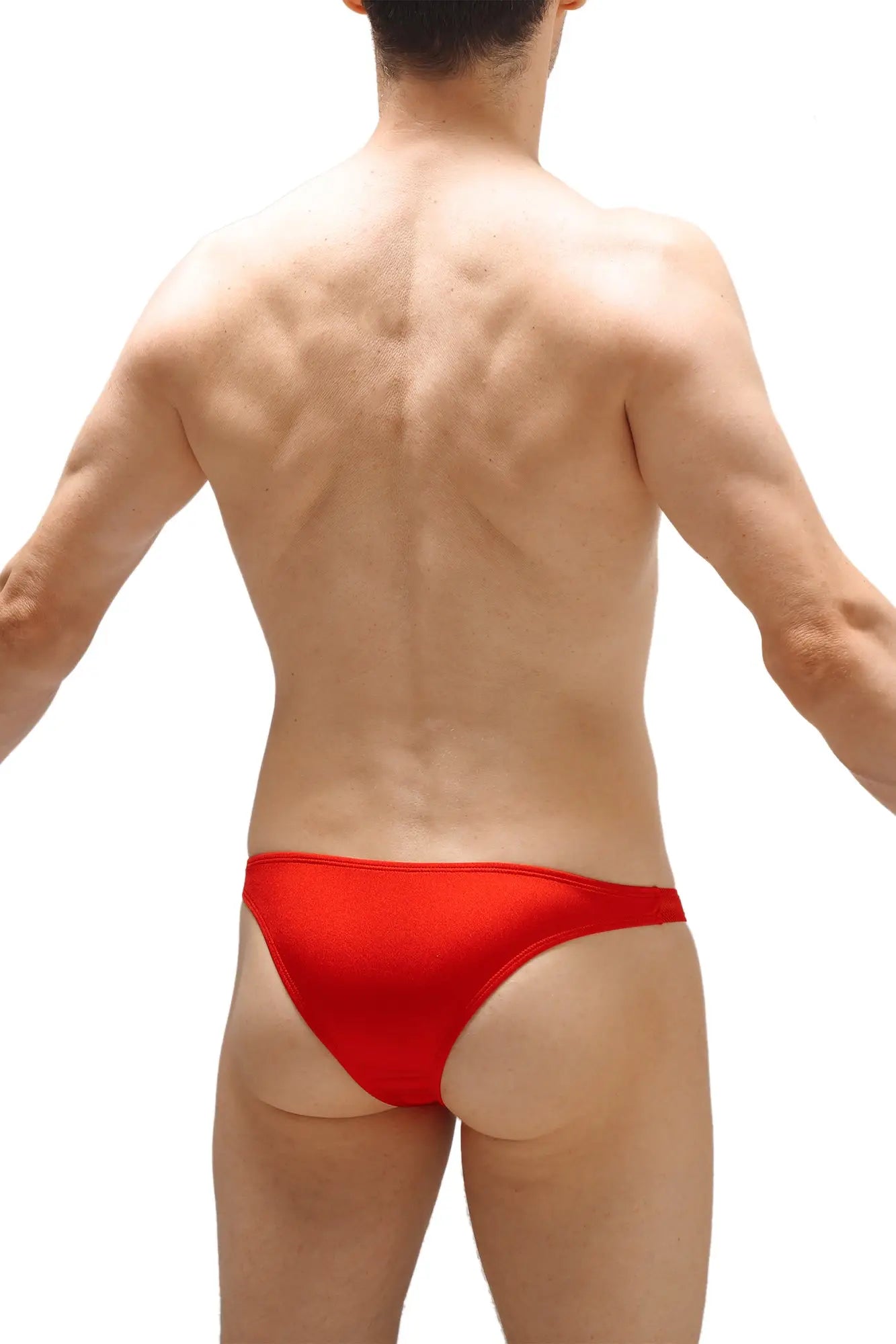 Red sleek form-fitting swim trunks bikini brach red designed for comfortable activewear use