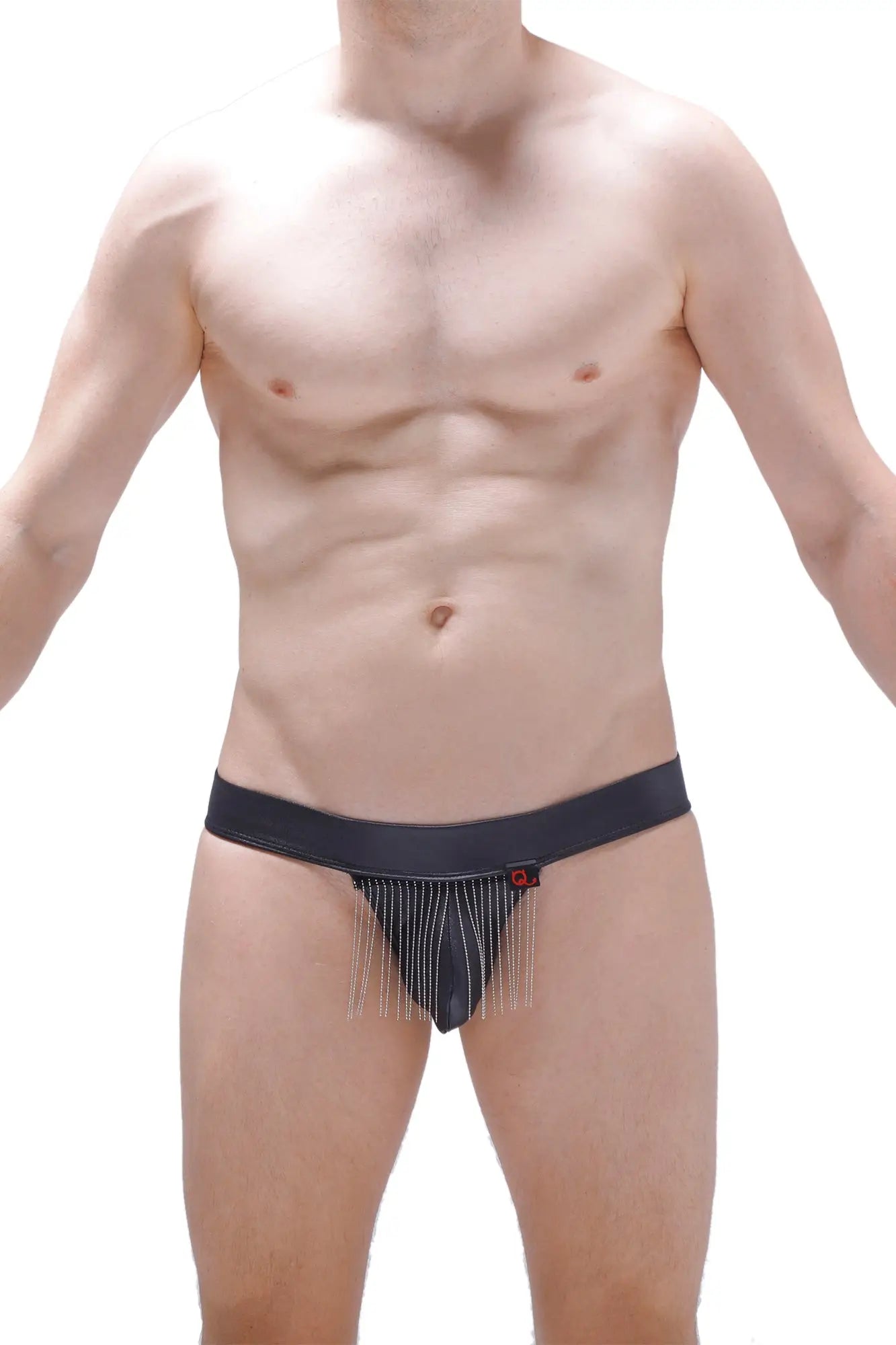Black denim-style briefs bikini cabaret petitq with fringed front detail and small red logo on waistband