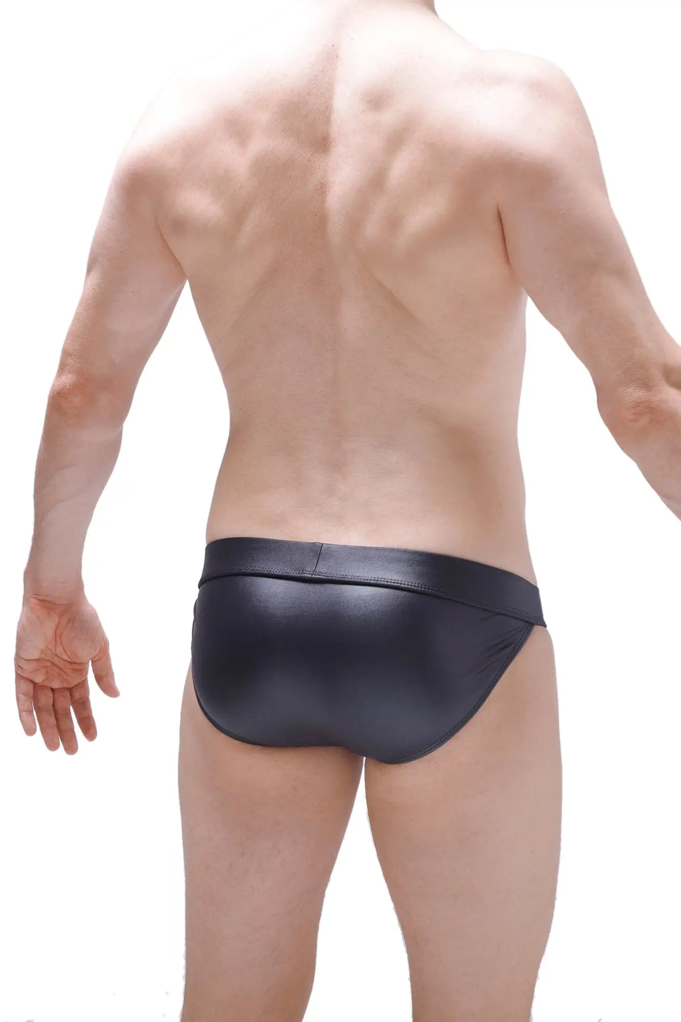 Black shiny faux leather bikini cabaret petitq briefs shown from the back with a sleek glossy finish