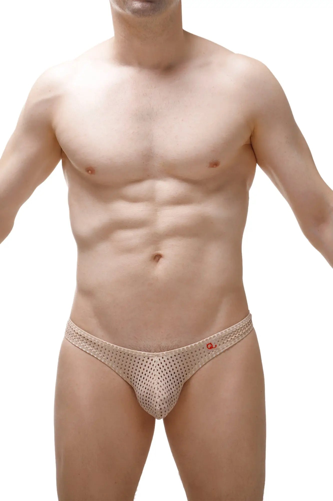 Beige mesh bikini capri durtol nude briefs with a subtle red logo on the waistband front view