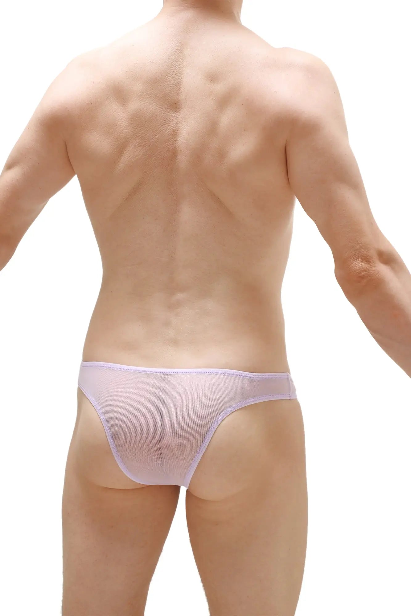 A sheer lavender mesh bikini capri net lilac brief with a smooth form-fitting design visible from the front