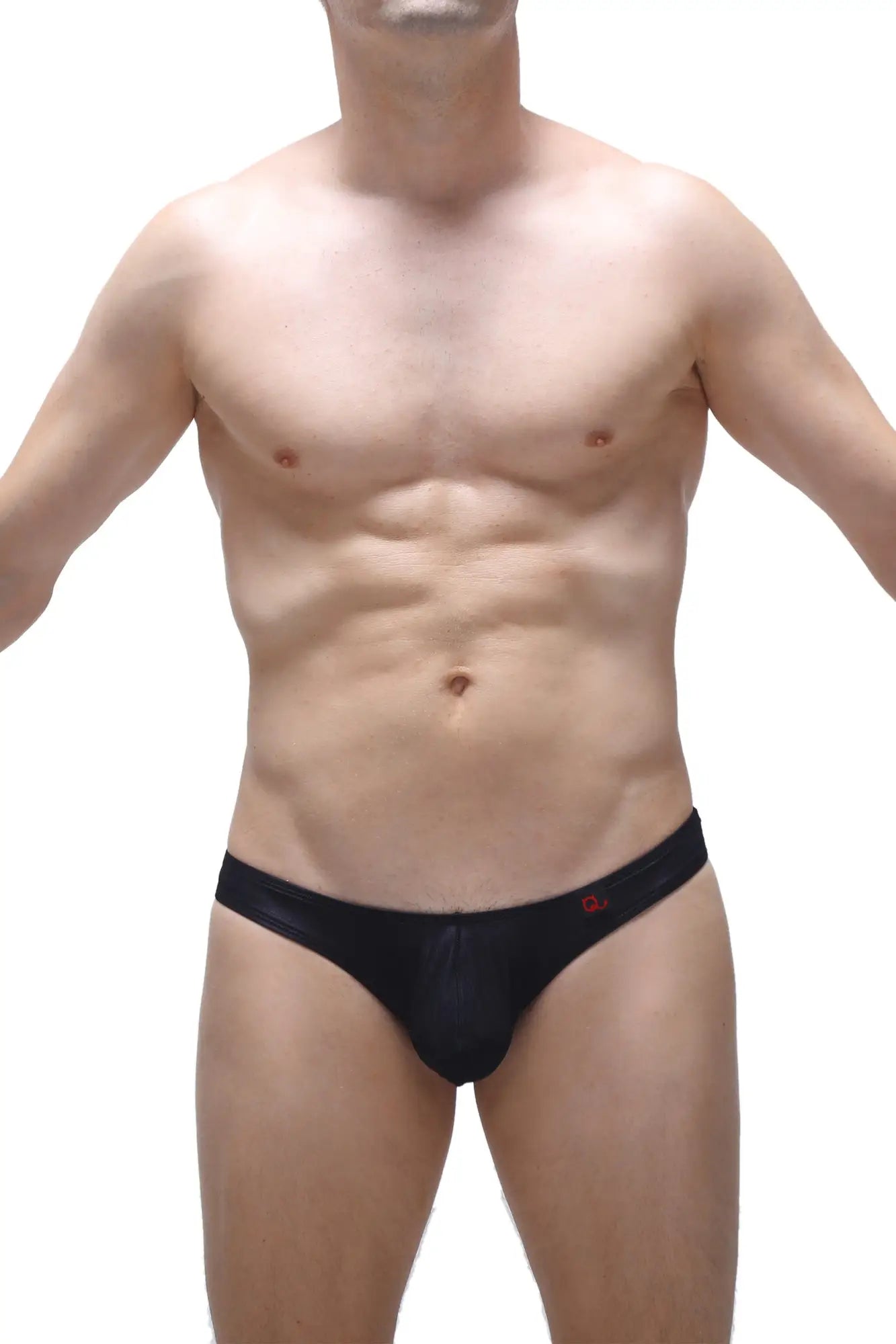 Black men’s bikini capri voile briefs with subtle sheen and small red logo on waistband in black