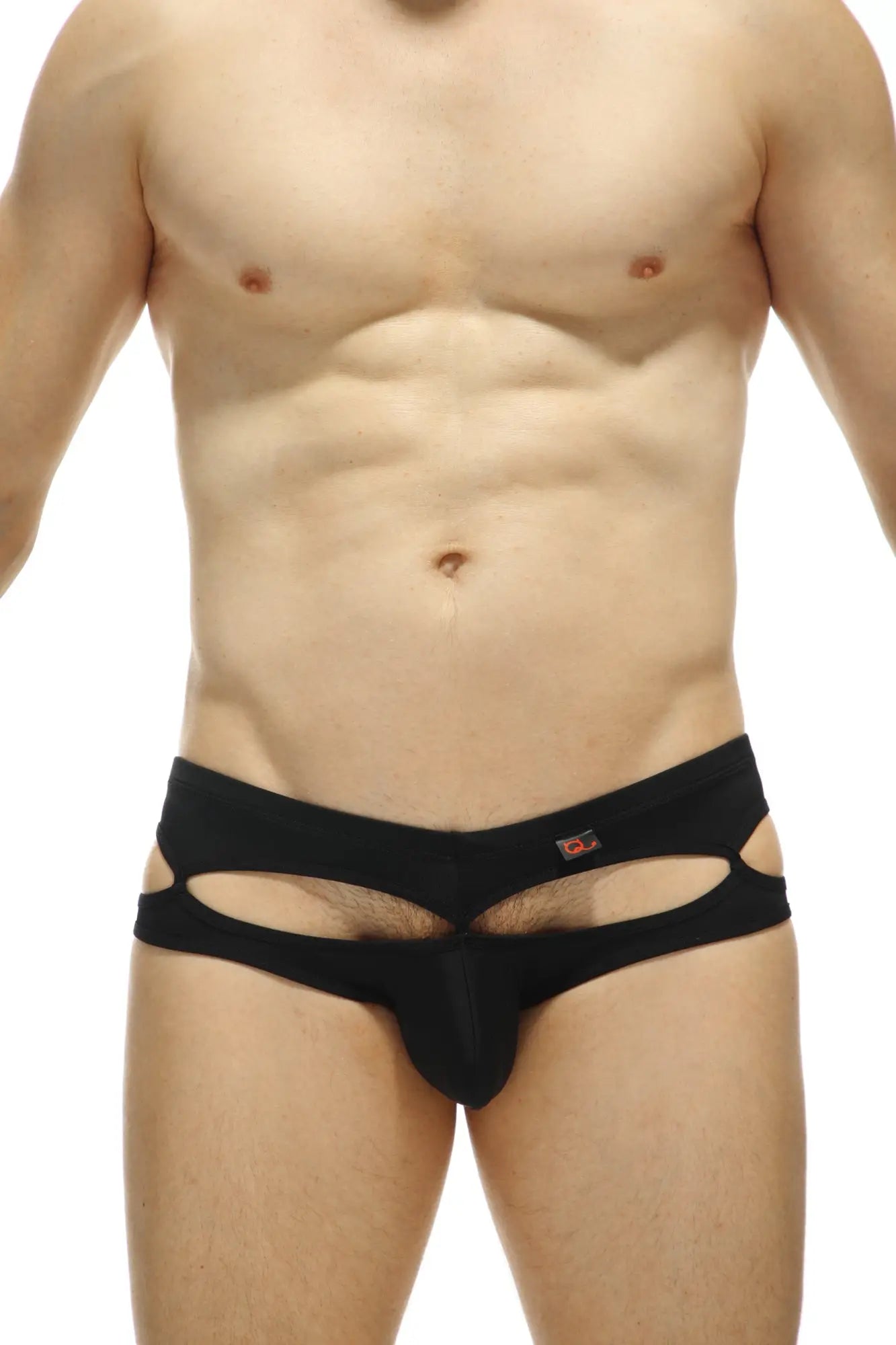 Black form-fitting bikini carlat men’s underwear with cutout design and small logo on waistband