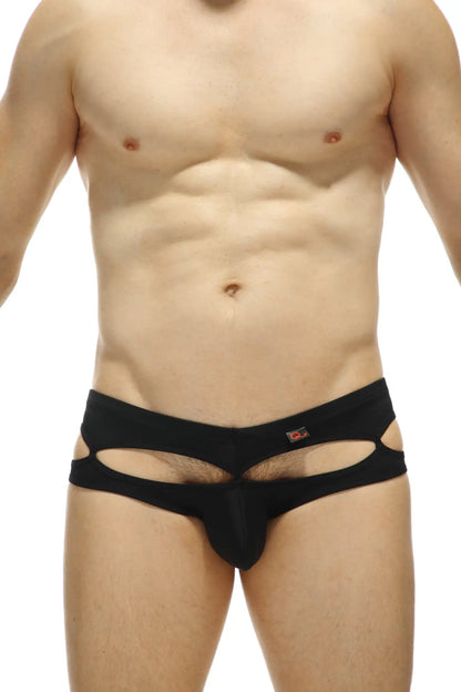 Black form-fitting bikini carlat men’s underwear with cutout design and small logo on waistband