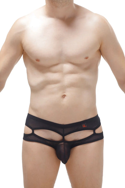 Black mesh bikini carlat net briefs with cutout design and orange logo on waistband