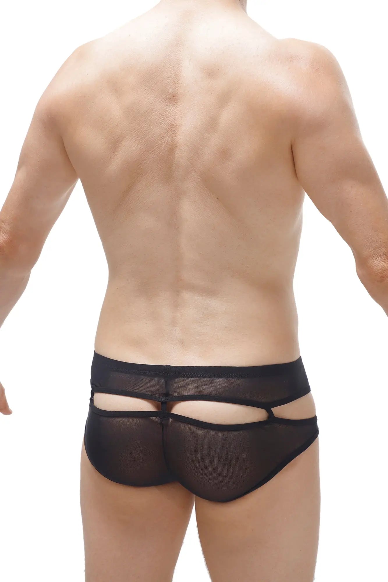 Black sheer mesh briefs bikini carlat net black showing distinctive cutout design on the back side
