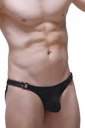 Black mesh bikini briefs with braided chain belt and red logo from bikini chains bee black collection
