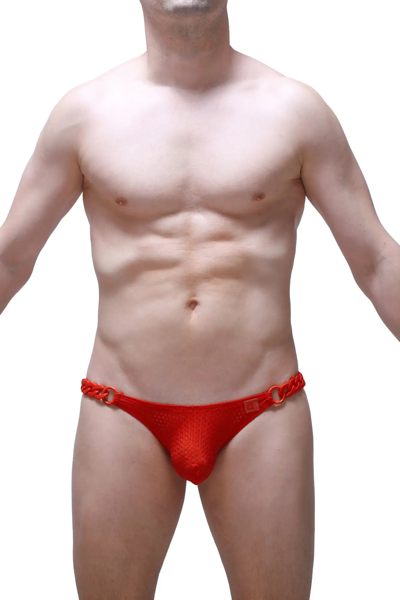 Red mesh thong bikini chains bee red with braided red chain detailing and metal rings front view
