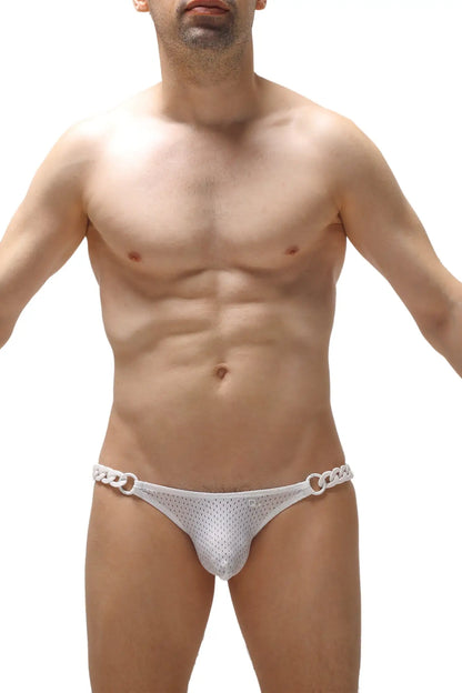White mesh thong bikini chains bee white with silver chain detailing at the sides