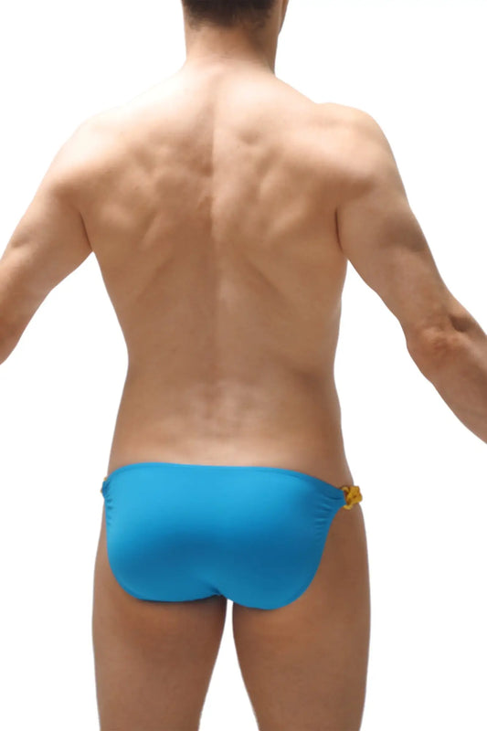 Bright blue bikini chains turquoise swim trunks with a yellow decorative clasp on the side for beachwear