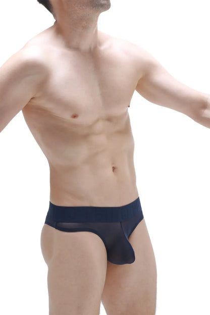 Navy blue sheer mesh briefs with a solid waistband bikini chisa net navy front view