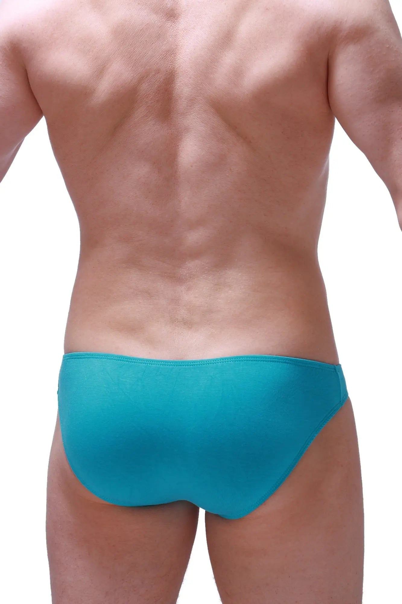 Teal bikini colline bamboo briefs with smooth form-fitting fabric in tropical green shown from the back