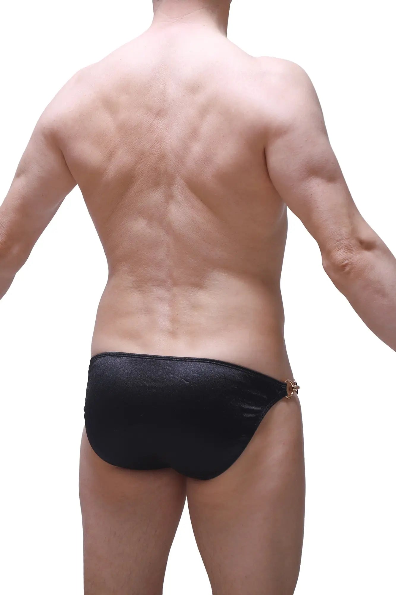 Black textured satin bikini conguel swim trunks with a gold toned metal clasp on the side