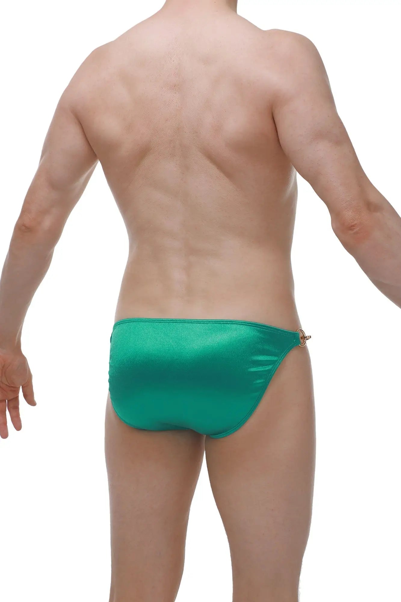 Emerald green satin bikini briefs with gold-toned side fastener from bikini conguel satin green collection