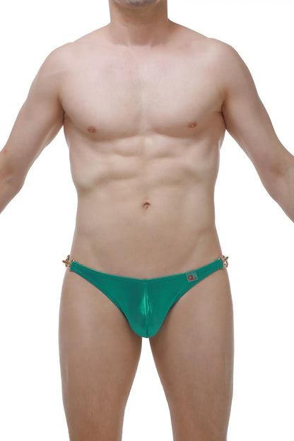 Emerald green metallic swim trunks with gold toned side clasps from bikini conguel satin green collection