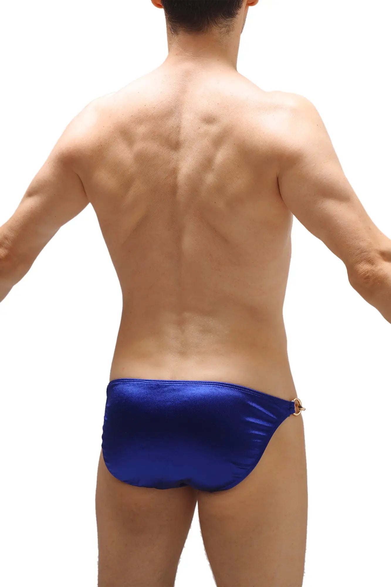 Blue satin swim trunks bikini conguel satin sapphire with gold tone side buckle for stylish beachwear