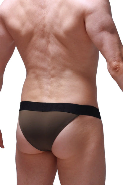Black mesh briefs with a solid black waistband showing the back side for bikini coren olive collection