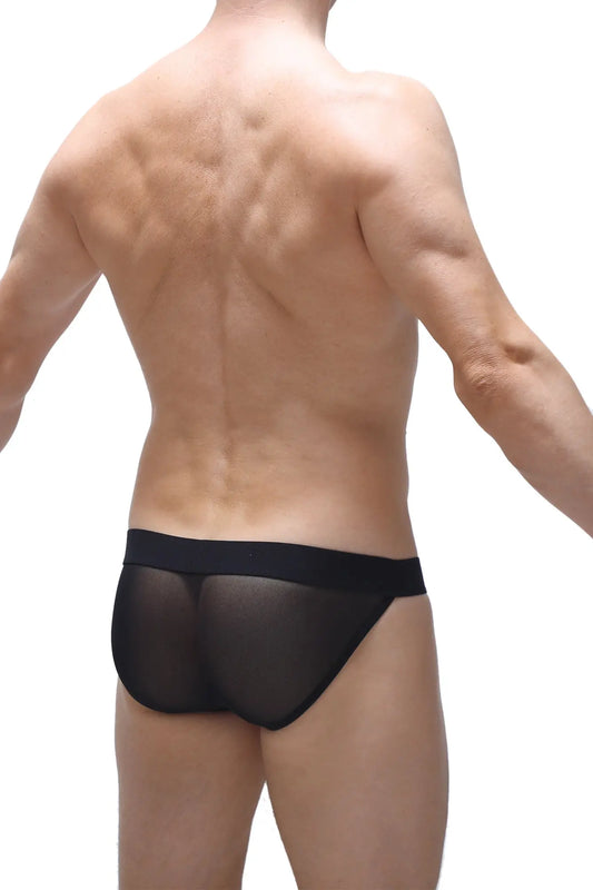 Black sheer mesh briefs bikini costac black with solid waistband front view