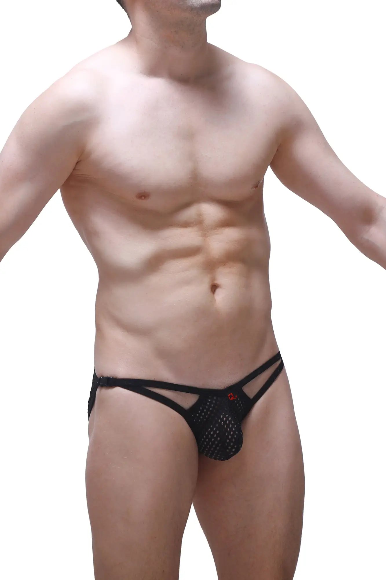 Black mesh thong bikini fors durtol with thin straps and a small red logo on the front