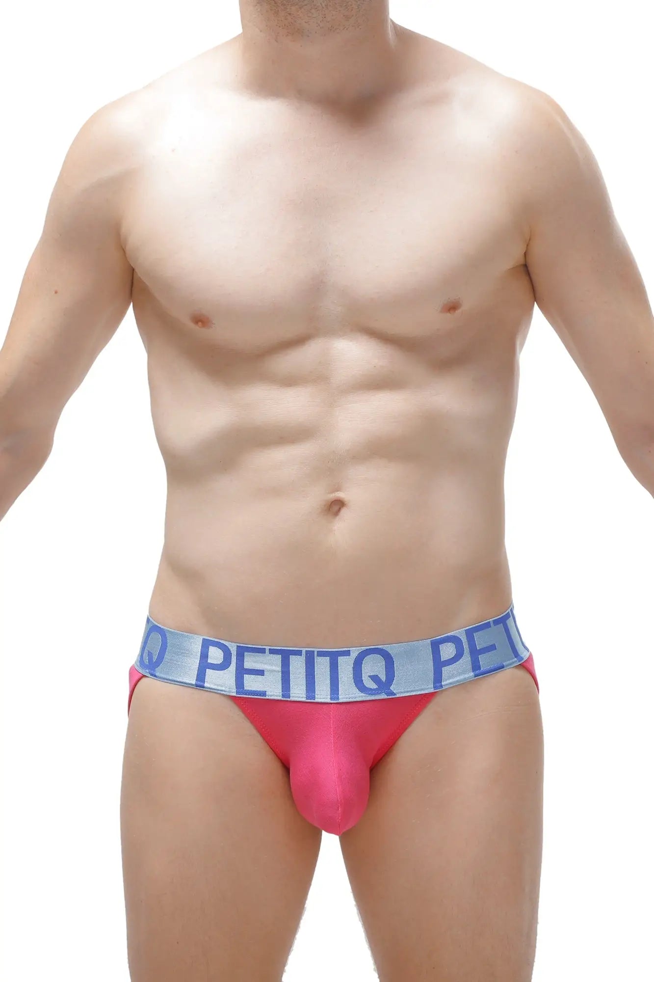 Bright pink bikini jockstrap briefs with light blue elastic waistband and bold white petitq logo in modal fabric