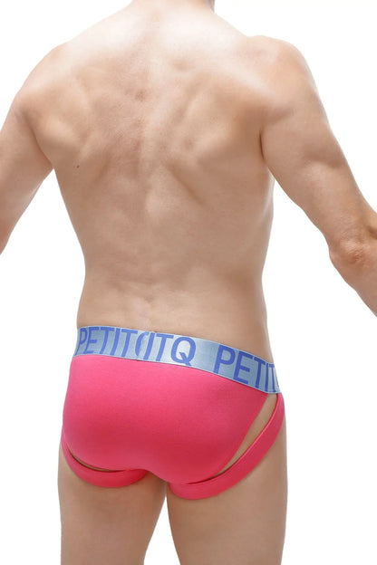 Bright pink bikini jockstrap briefs with light blue elastic waistband and bold petitbjörn logo in modal fabric